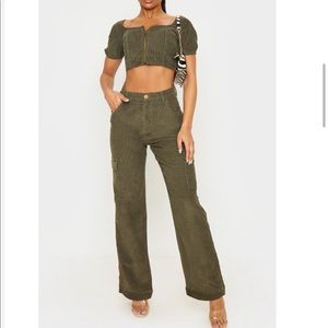 Khaki Cord Cargo Pocket Wide Leg Jeans